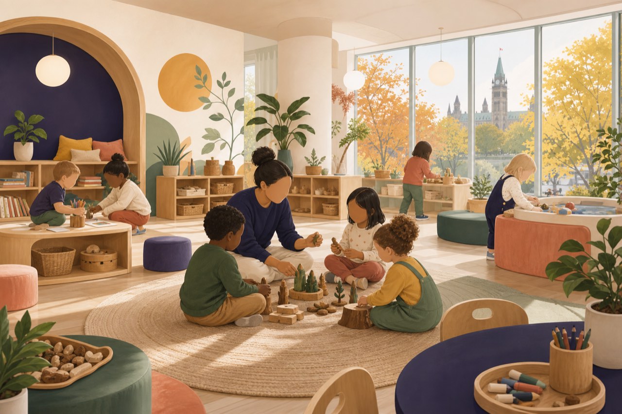 Diverse children and an educator playing in a bright, modern Canadian learning centre (illustrative)