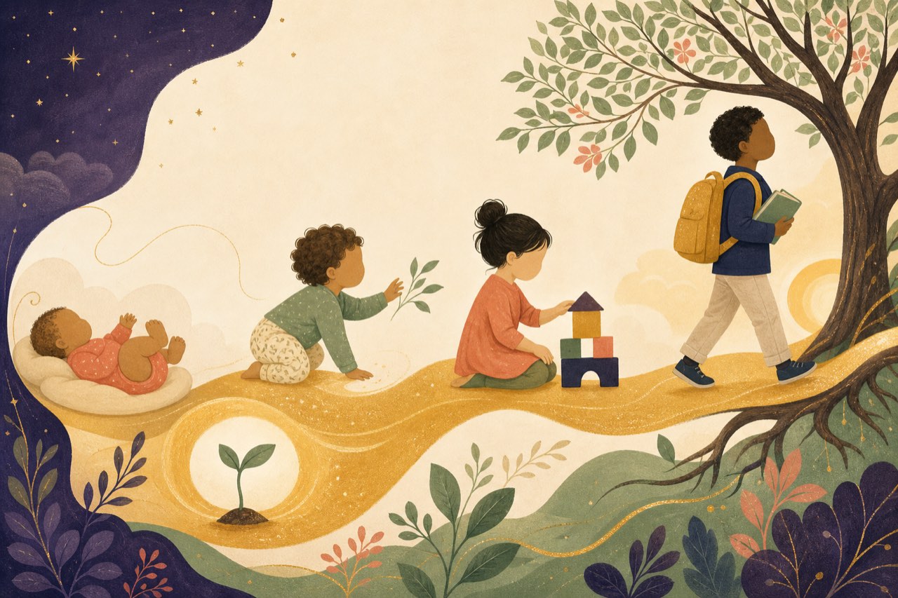 A child's growth journey from baby to school age along a flowing golden path (illustrative)