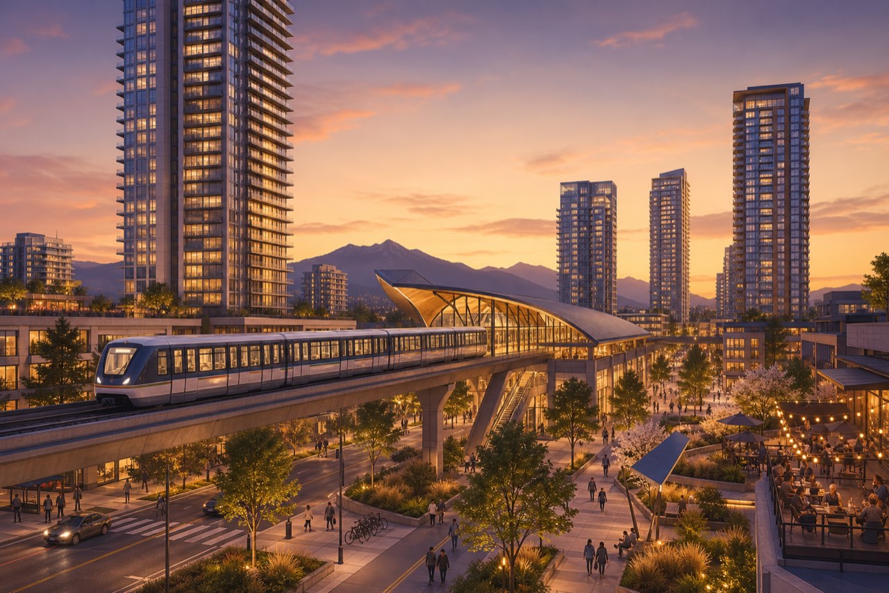 A transit-oriented North Burnaby community at dusk with a SkyTrain line and towers (illustrative)