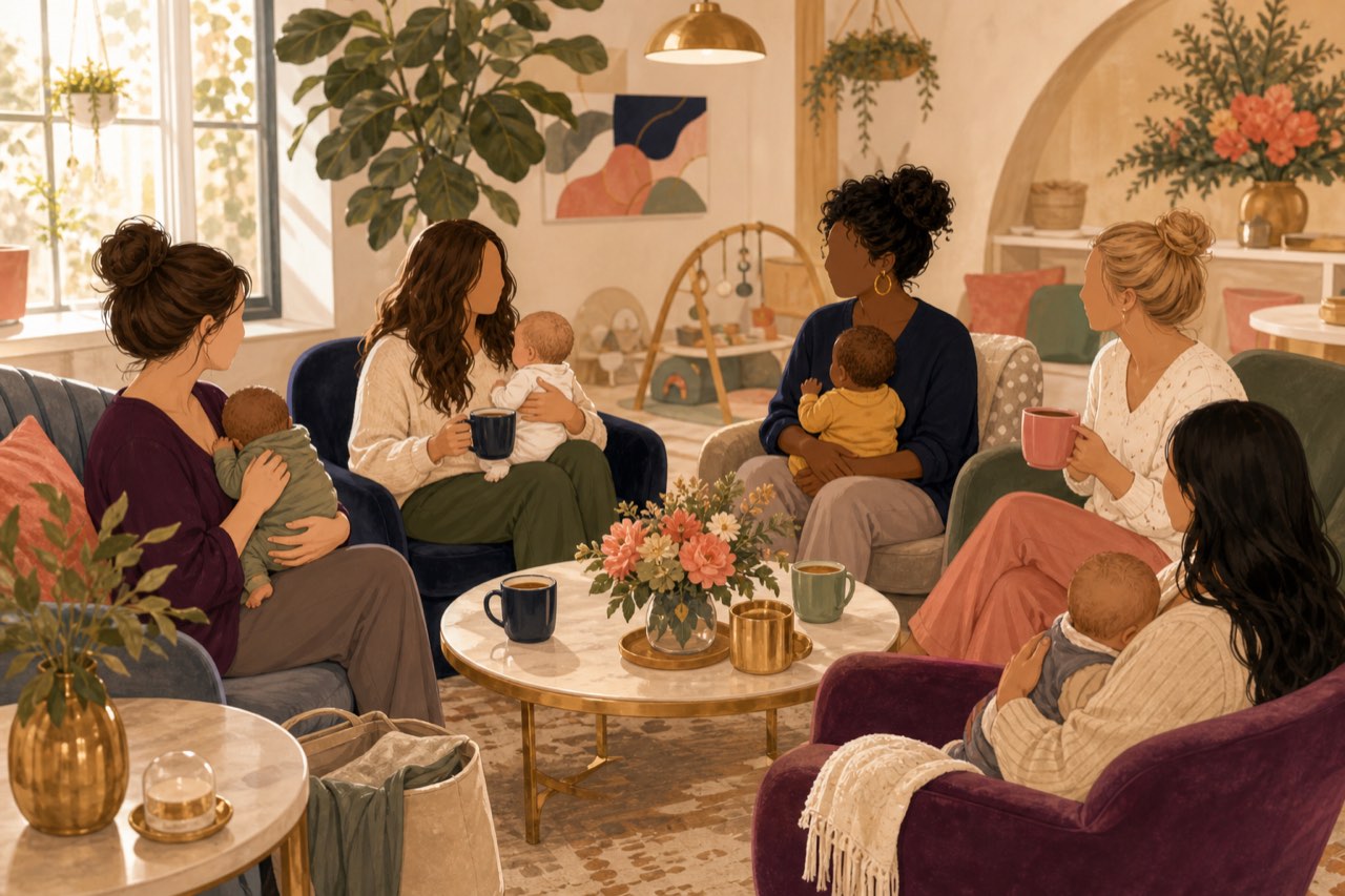 A supportive circle of mothers with their babies sharing coffee and conversation (illustrative)
