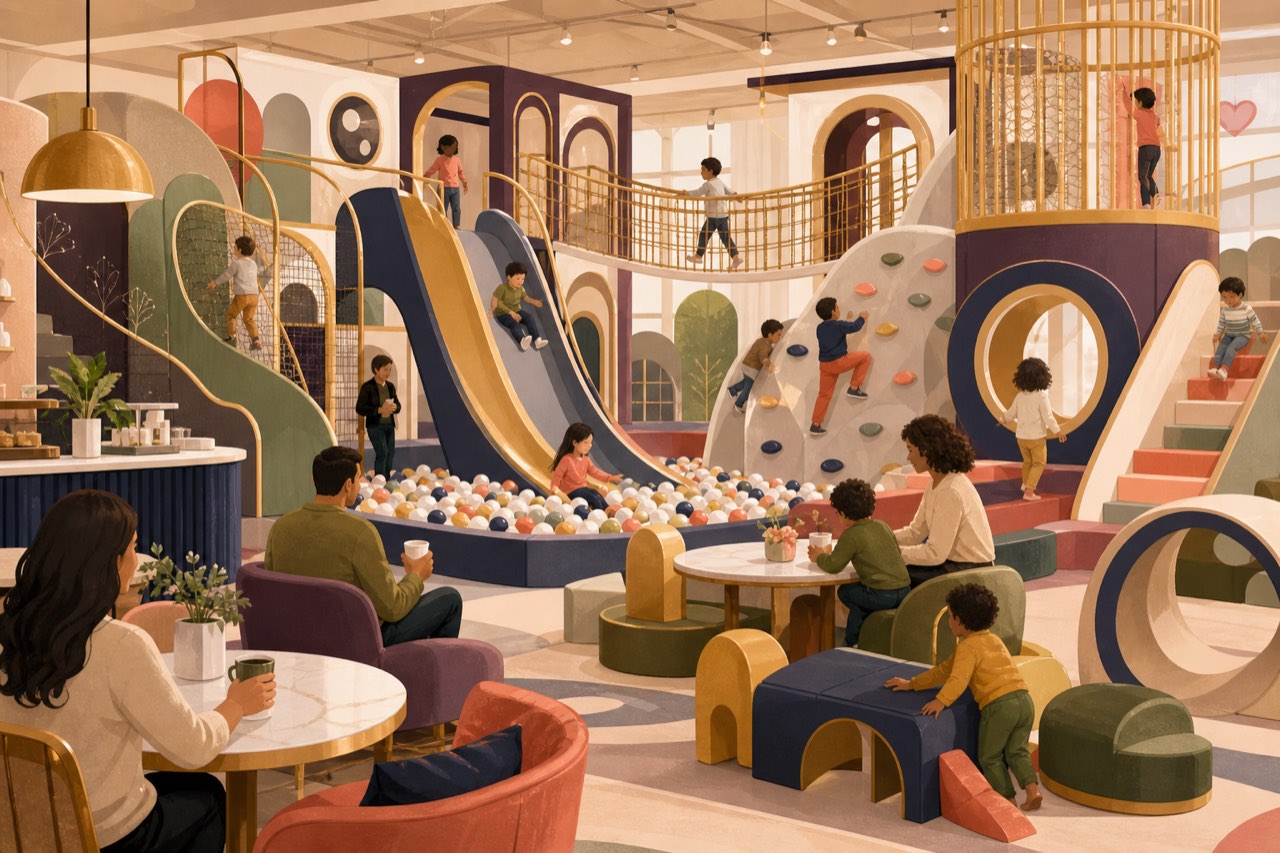 A multi-level indoor family playground with slides, climbing shapes and a cafe corner (illustrative)