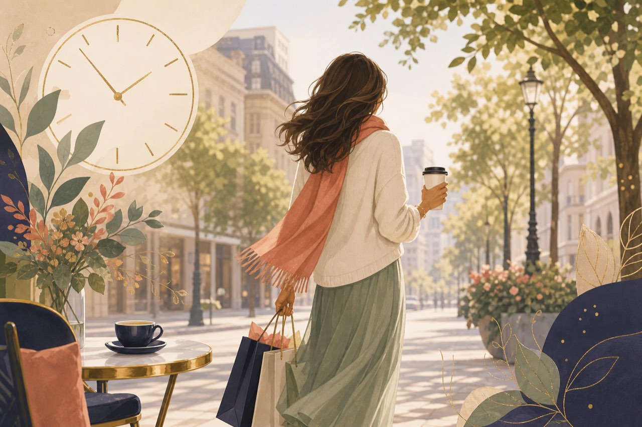 A parent enjoying a calm coffee and a walk during a few free hours (illustrative)