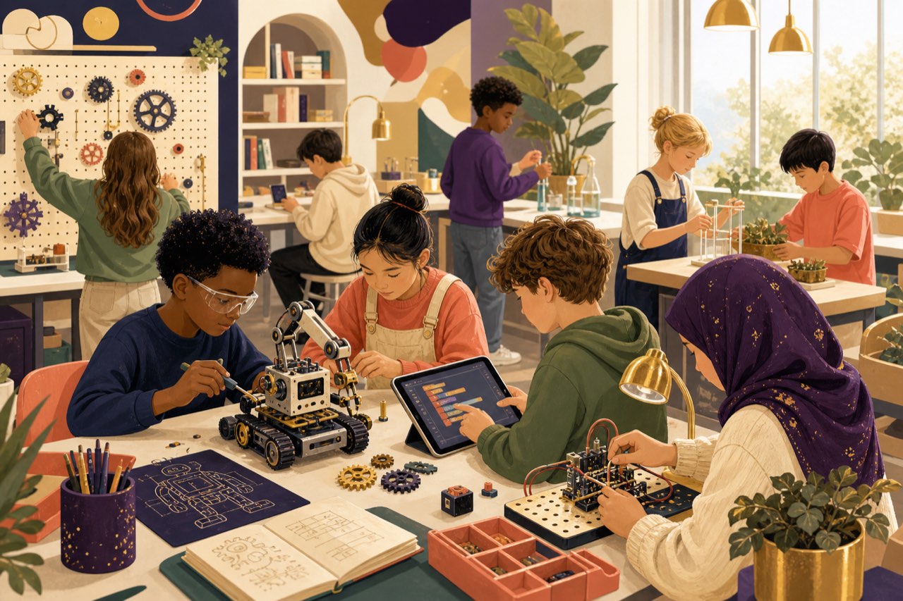 School-age children building robots, coding and running science experiments (illustrative)